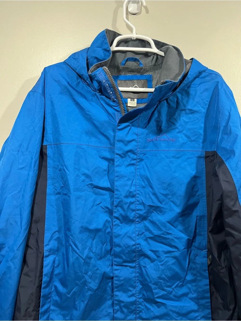 Eddie Bauer Mens Weatheredge Two-Tone Blue Hooded Rain Jacket Large